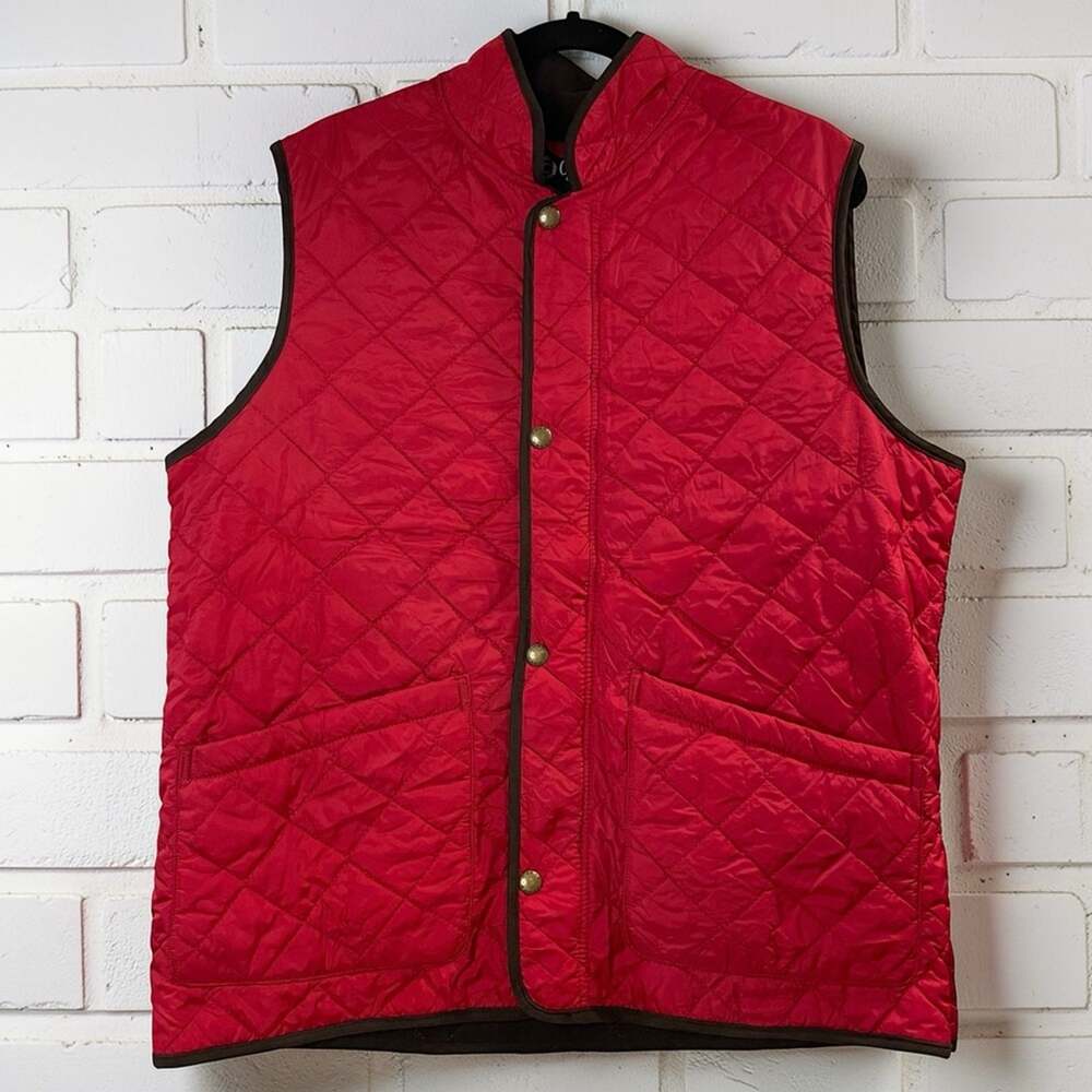 Chaps Mens Quilted Vest Large Red Brown Trim Fleece Lined Zip Snap Front